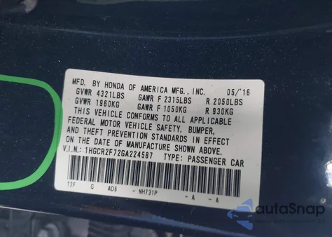 2016 Honda Accord Ex z USA, uszkodzony, nr VIN 1HGCR2F72GA224587
